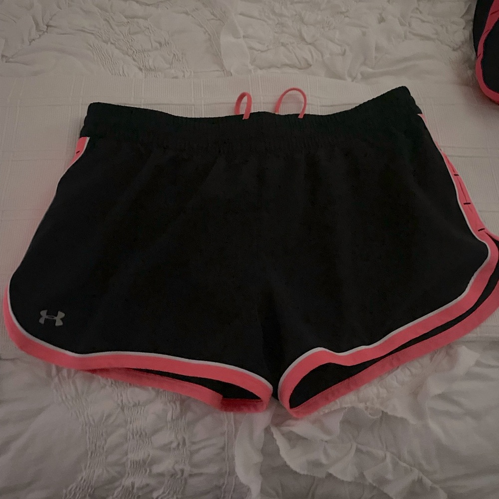 Like new UnderArmour Lined Shorts, Medium; Black with Neon Pink Trim